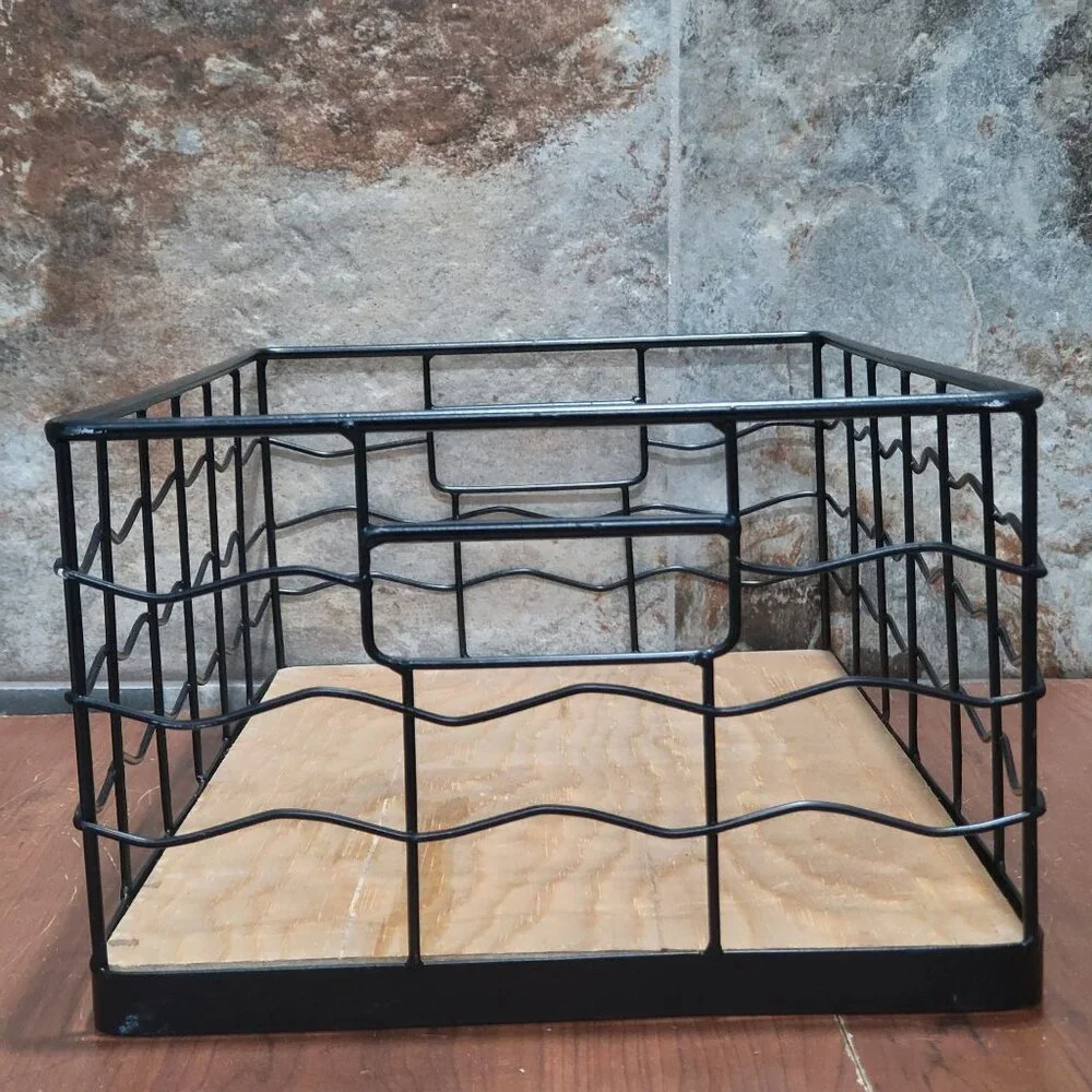 Decorative Black Wire Basket with Natural Wood Board Base